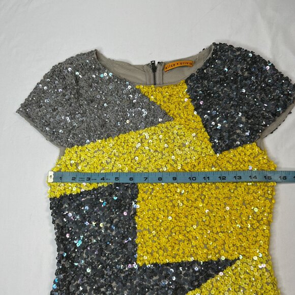 Alice + Olivia Taryn Colorblock Sequin Dress Mini Party Cocktail Yellow Gray 6 - Picture 8 of 16
